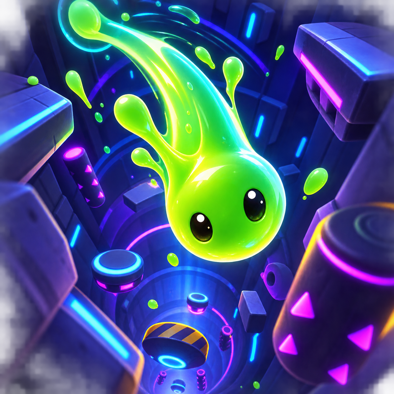 Blob Splooshift verde in caduta in un tunnel neon